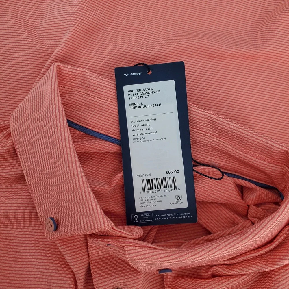 Walter Hagen P11 Championship Stripe Golf Polo Shirt‎ Stretch Pink Peach Mens L